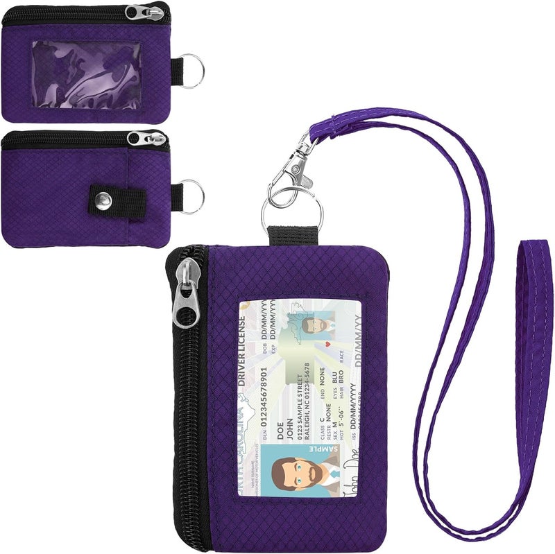 ZHOMA Minimalist RFID Wallet with Lanyard, Multi-functional ID Case with 2 Zipper Pockets and Key Chain for Men and Women, Tactical Badge Pouch Cards Holder, Coin Purse for Travel Sports - Dark Purple - Image 1